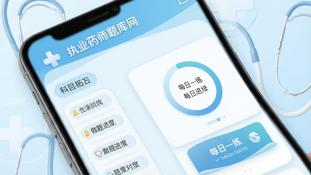 一张清晰展示手机屏幕界面的图片,屏幕中显示“执业药师题库网”主界面,包含科目列表、做题进度环、每日一练入口,背景为淡蓝色医疗风格,整体排版简洁现代,风格干净明亮,细节圆润,画质高清,干净无多余元素