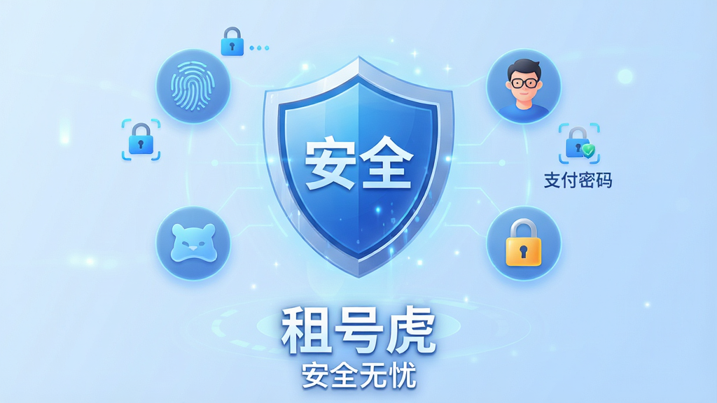 一张展示租号虎安全支付与账号保护功能的示意图,画面中央是一个盾牌图标,盾牌上印有“安全”字样,周围环绕着指纹解锁、人脸识别、支付密码、防盗锁等小图标,背景为淡蓝色渐变,底部有“租号虎”品牌字样和“安全无忧”宣传语,整体风格科技感强,画质干净明亮