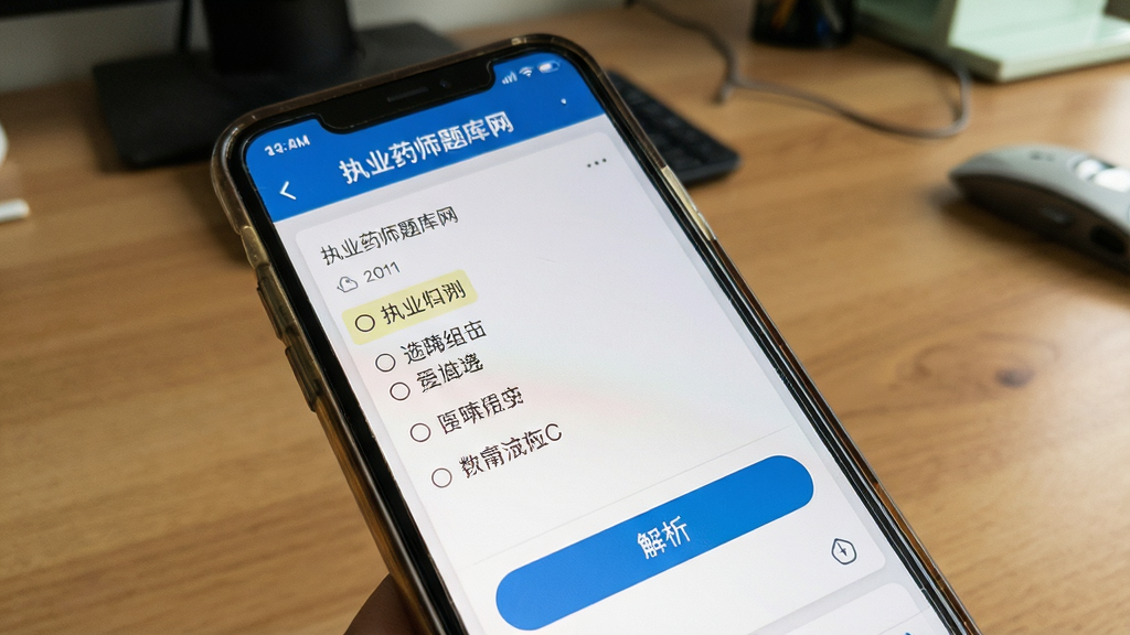 一张展示手机刷题界面的实拍图片,屏幕中显示“执业药师题库网”的答题页面,一道单选题带四个选项,下方有解析按钮,背景为桌面环境,整体风格自然真实,画质清晰,干净无多余元素