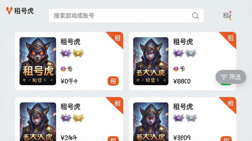 一张租号虎应用内游戏账号列表页的界面设计图,页面以浅灰色为背景,顶部搜索框提示“搜索游戏或账号”,下方以两列网格布局展示不同游戏的账号卡片,每张卡片包含游戏封面缩略图、账号名称、段位图标、租用价格和“租”字角标,界面右侧悬浮“筛选”按钮,整体风格干净整齐,画质清晰,文字标注“租号虎”和各类游戏名称
