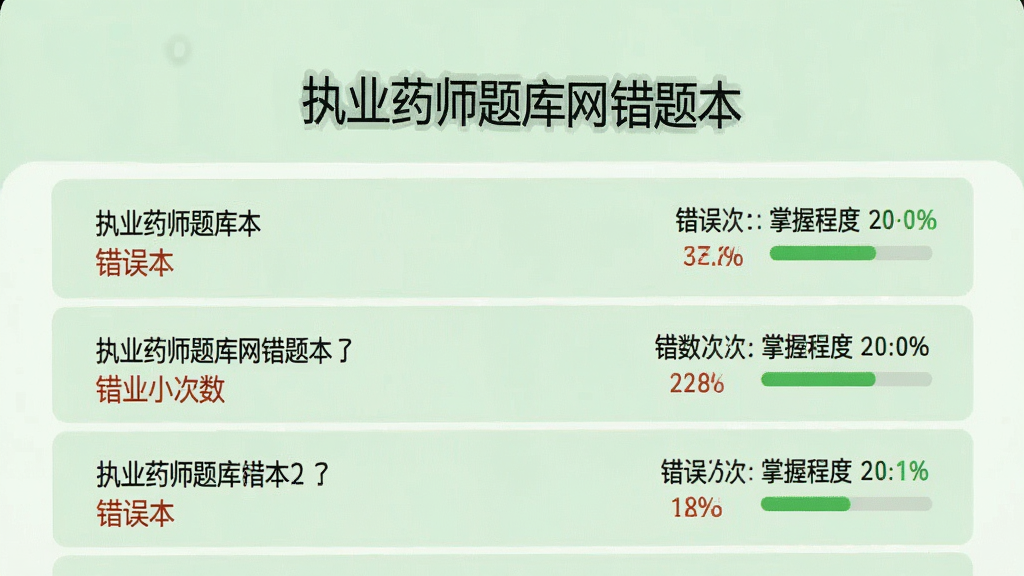 一张展示手机错题本功能的图片,界面中显示“执业药师题库网错题本”标题,下方以列表形式呈现错题,每道题标注错误次数和掌握程度,采用浅绿色背景,排版整齐,风格简洁,画质清晰,干净无多余元素