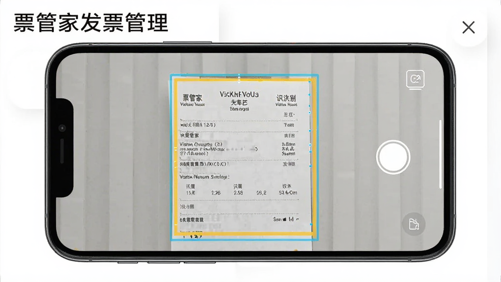 票管家发票管理OCR识别功能演示,手机屏幕展示拍摄的增值税发票图片正被高亮框标记,并自动转化为结构化文字字段,界面清晰展示识别结果,风格简洁直观,突出软件名称