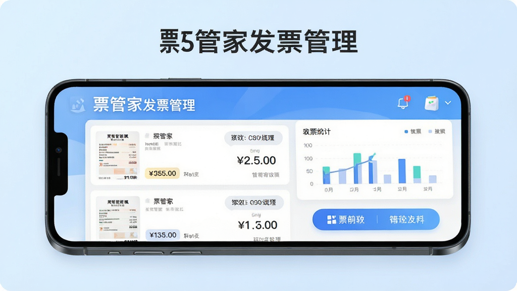 票管家发票管理软件主界面展示图,手机屏幕内显示清晰的发票列表、统计图表与功能按钮,布局简洁现代,背景以浅蓝色渐变为主,突出