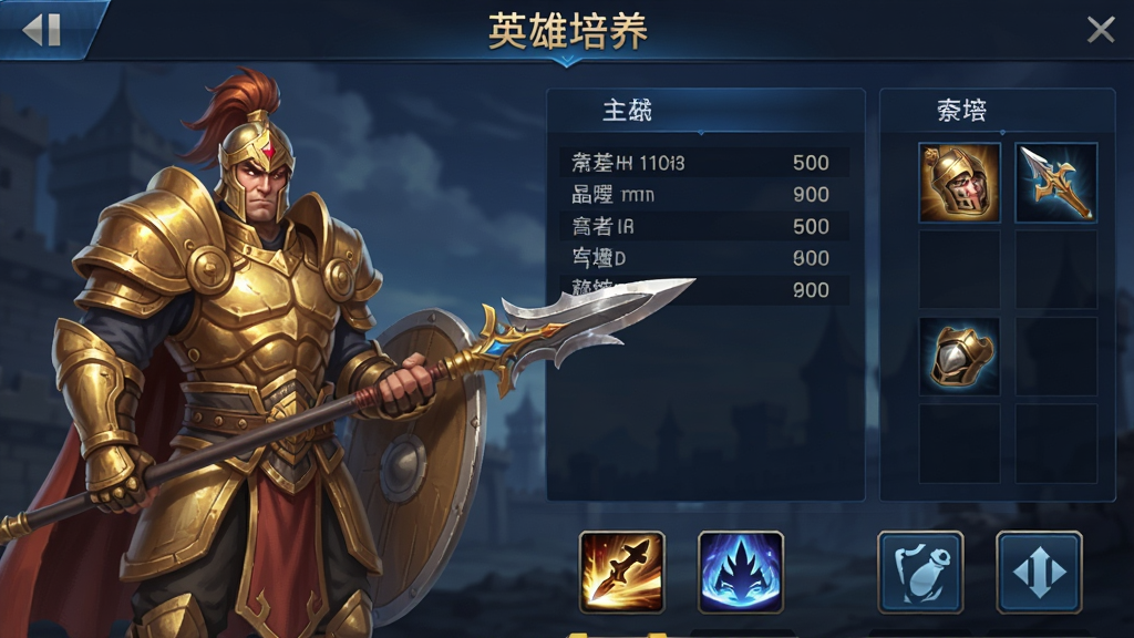 《王者之战》游戏内英雄养成界面截图,画面左侧为一位身披金甲、手持长枪的战士英雄,右侧是详细的属性面板与装备栏,界面布局清晰,采用深蓝色游戏UI风格,排版上方有“英雄培养”四个字,底部是技能图标按钮,风格为游戏UI设计,细节丰富,画质清晰,干净无多余元素。