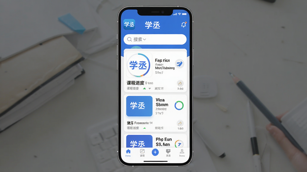主体:学丞APP主界面,显示“学丞”字样与英语课程列表;布局:中央展示课程卡片,上方为搜索栏,底部为导航栏;排版:简洁清晰,卡片式布局;风格:现代扁平化设计,主色调为蓝色与白色;细节:界面包含“晓燕英语”logo、课程进度环、每日打卡标记,屏幕上方有“学丞”文字标识;画质:高清,干净,无多余元素。