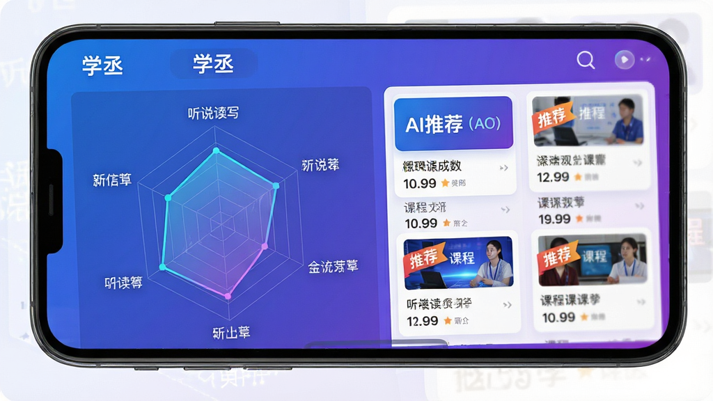 主体:手机屏幕展示学丞APP的智能学习路径规划界面;布局:左侧为能力雷达图,右侧为推荐课程列表;排版:图文结合,重点突出“AI推荐”模块;风格:科技感,蓝紫色渐变背景;细节:雷达图显示听说读写四项评分,课程卡片标注“推荐”标签,屏幕顶部有“学丞”文字标识;画质:高清,干净,无多余元素。