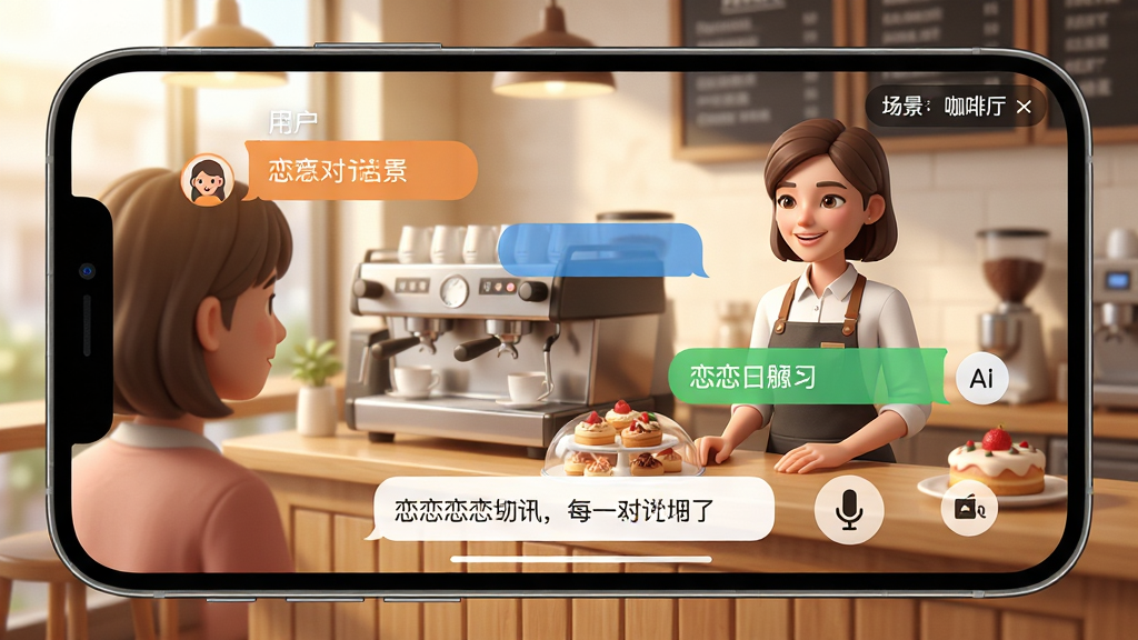 主体:智能手机横屏显示“恋恋口语”场景对话练习,画面中一位用户与虚拟咖啡师进行点餐交流。布局:屏幕上方为对话气泡区域,下方为提示语句与麦克风按钮。排版:对话气泡左右分明,用户语句与AI回复颜色区分。风格:卡通写实结合,咖啡馆背景温馨明亮。细节:虚拟咖啡师穿着围裙,柜台上有咖啡机与甜点,屏幕角落显示“场景:咖啡厅”。画质:高清,场景生动,无多余元素。