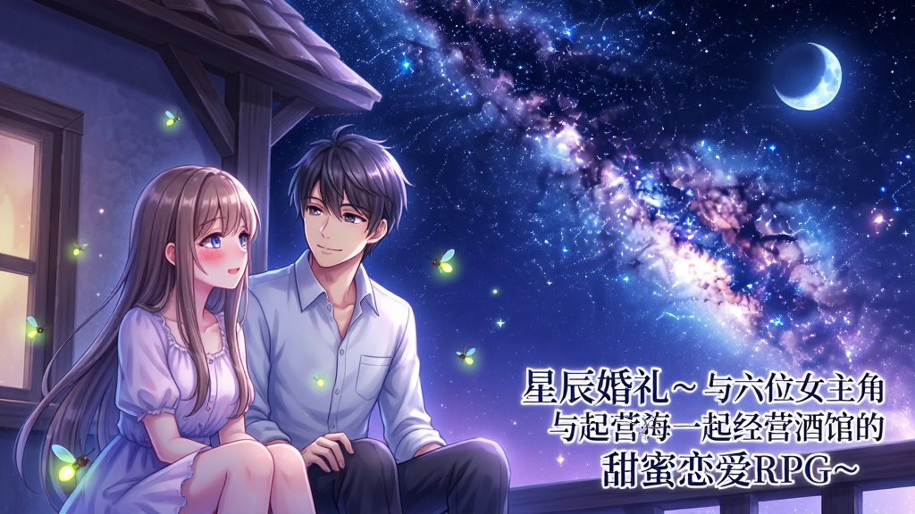 主体:游戏中的星空约会场景,男主角与一位长发女主角坐在酒馆屋顶看星星;布局:两人并肩而坐,背景是璀璨银河与月亮,酒馆屋檐一角入镜;排版:浪漫氛围,两人占据画面左侧,星空占右侧;风格:唯美梦幻插画,蓝紫色调为主;细节:女主角脸颊泛红,男主角温柔注视,周围有萤火虫光点;画质:高清细腻,干净,无多余元素,画面中艺术字“星辰婚礼~与六位女主角一起经营酒馆的甜蜜恋爱RPG~”