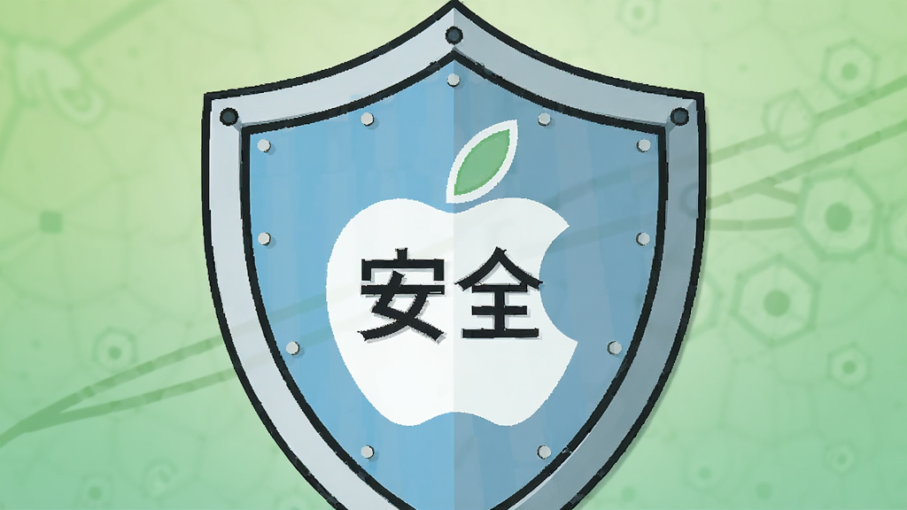 一张盾牌与苹果标志结合的插图,盾牌表面有“安全”字样,背景为浅绿色渐变,风格扁平化,构图居中,线条简洁,细节清晰,画质干净,无多余元素