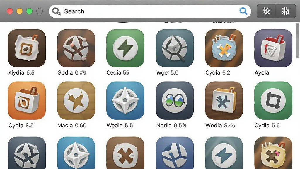 一张 Cydia 应用商店的界面截图,界面清晰展示各类插件列表,顶部有搜索栏,图标色彩丰富,整体布局紧凑,截图完整,画质干净,无多余元素