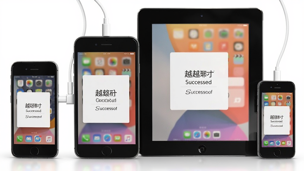 一张展示多种 iOS 设备(iPhone、iPad、iPod)与电脑连接的场景图,设备屏幕亮起显示越狱成功界面,风格写实,光线明亮,细节丰富,画质干净,无多余元素