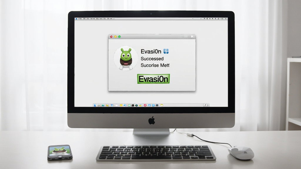 一张用户正在电脑前操作 Evasi0n 越狱工具的场景图,电脑屏幕上显示越狱成功界面,手机放置在旁边,光线明亮,构图居中,细节丰富,画质干净,无多余元素