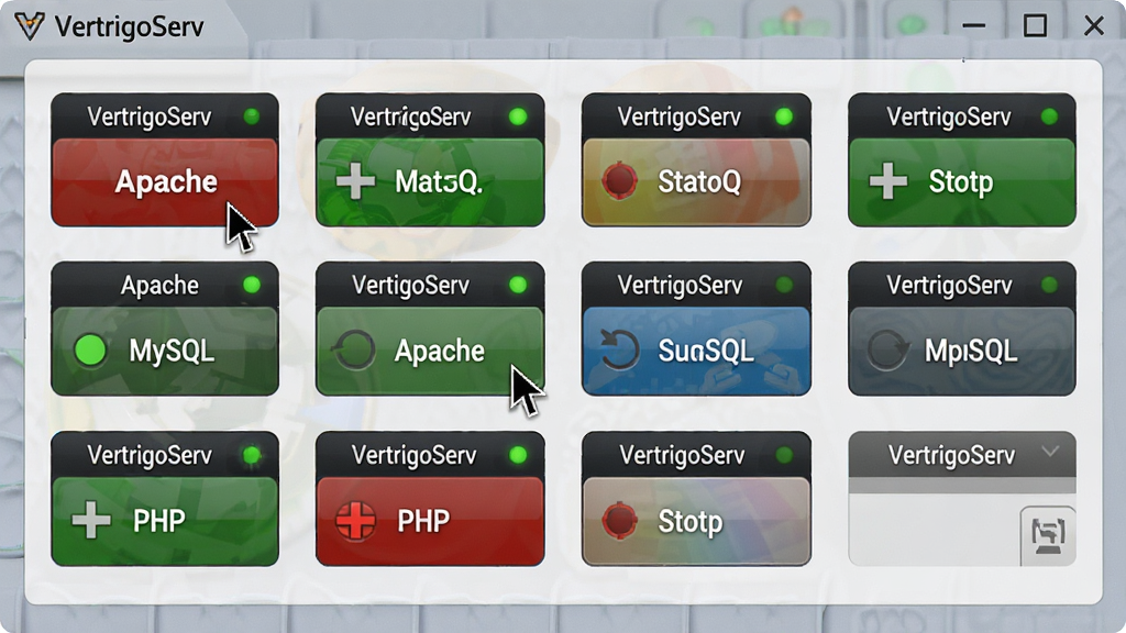 主体:VertrigoServ控制面板主界面特写,界面中整齐排列Apache、MySQL、PHP等模块的启动与停止按钮。布局:界面元素居中,背景为柔和的浅灰色工作台。排版:功能按钮呈网格状分布,状态指示灯清晰可见。风格:写实UI界面截图风格,高饱和度色彩。细节:鼠标指针停留在