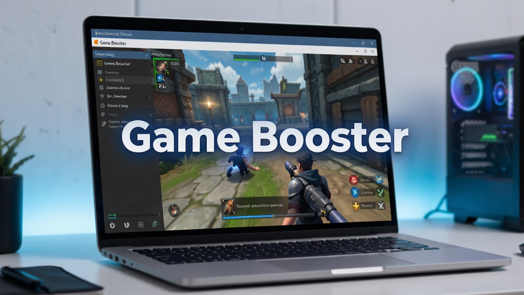 Game Booster使用场景图,一台笔记本电脑上运行着Game Booster软件,屏幕中显示游戏画面流畅运行,界面风格明亮,突出“Game Booster”软件名称,画质清晰干净
