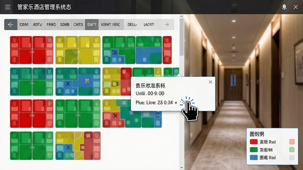 管家乐酒店管理系统房态图界面特写,展示红黄绿蓝多色房间状态方块,鼠标悬停显示房间信息弹窗,背景为酒店走廊,界面风格简洁清晰,色彩鲜明,布局规整,细节包括楼层导航条、图例说明,画质锐利干净无多余元素