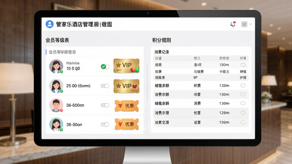管家乐酒店管理系统会员管理界面,展示会员等级列表与积分规则设置,背景为酒店前台接待场景,界面包含会员头像、储值余额、消费记录表格,风格清爽明快,布局层次分明,细节包括VIP金卡标识、优惠券图标,画质清晰干净无多余元素