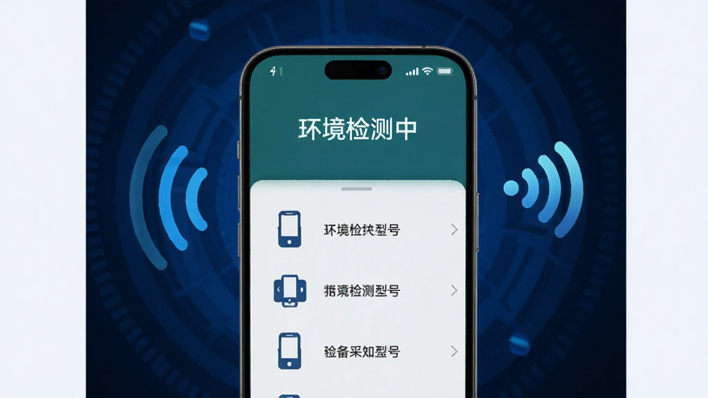 画面中央是一部智能手机,屏幕中显示“环境检测中”与设备型号列表,右侧有网络信号增强图标;背景为深蓝色科技感光效,布局为左右分栏;风格写实与科技结合,细节包括信号波纹与设备图标;画质锐利,背景干净。