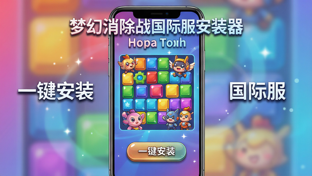 主体为梦幻消除战国际服安装器的手机界面展示,屏幕中央显示色彩斑斓的消除方块与卡通角色,周围有“一键安装”“国际服”等文字标识;布局采用手机竖屏居中构图,背景为渐变色光效;排版简洁明了,突出软件名称“梦幻消除战国际服安装器”;风格为现代科技感与游戏卡通融合;细节包括方块上的高光、按钮阴影,画质高清通透,干净无多余元素。