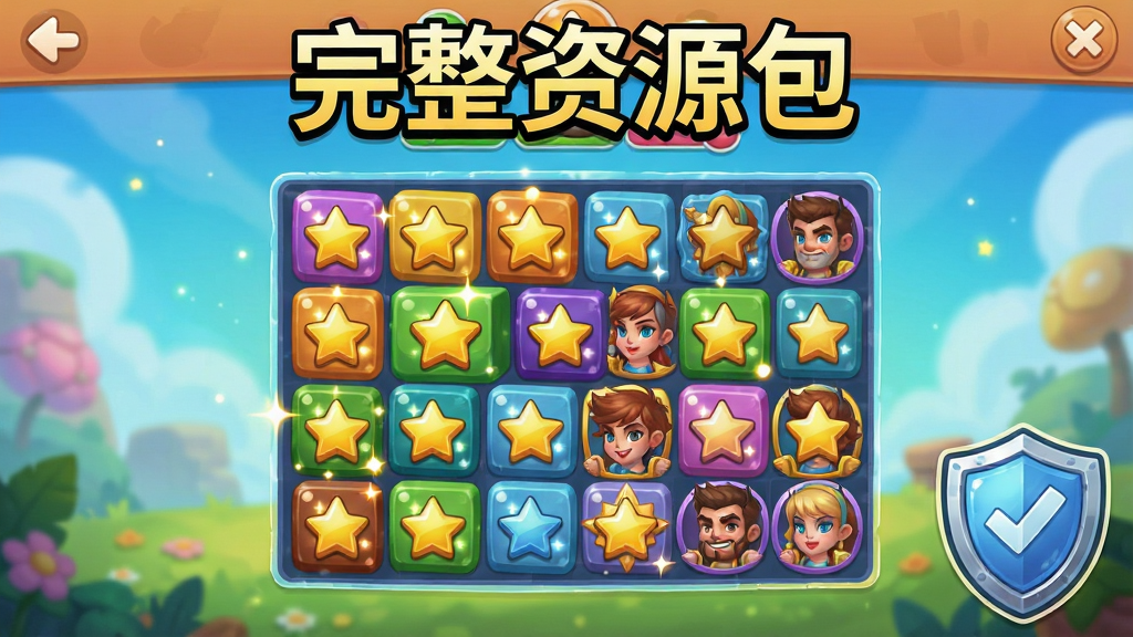 展示游戏内关卡选择界面,画面中有多种消除方块与角色头像,顶部显示“完整资源包”字样,右下角有盾牌安全标识;布局为游戏UI风格,多彩且活泼;细节包括方块上的星星与光斑;画质精美,无多余UI遮挡。