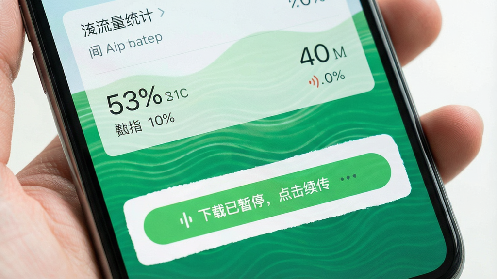 画面展示手机流量统计界面,下方显示“下载已暂停,点击续传”提示条,背景为绿色波浪纹路;布局简洁,重点突出续传按钮;风格清新自然,细节包括数据百分比;画质干净明亮。