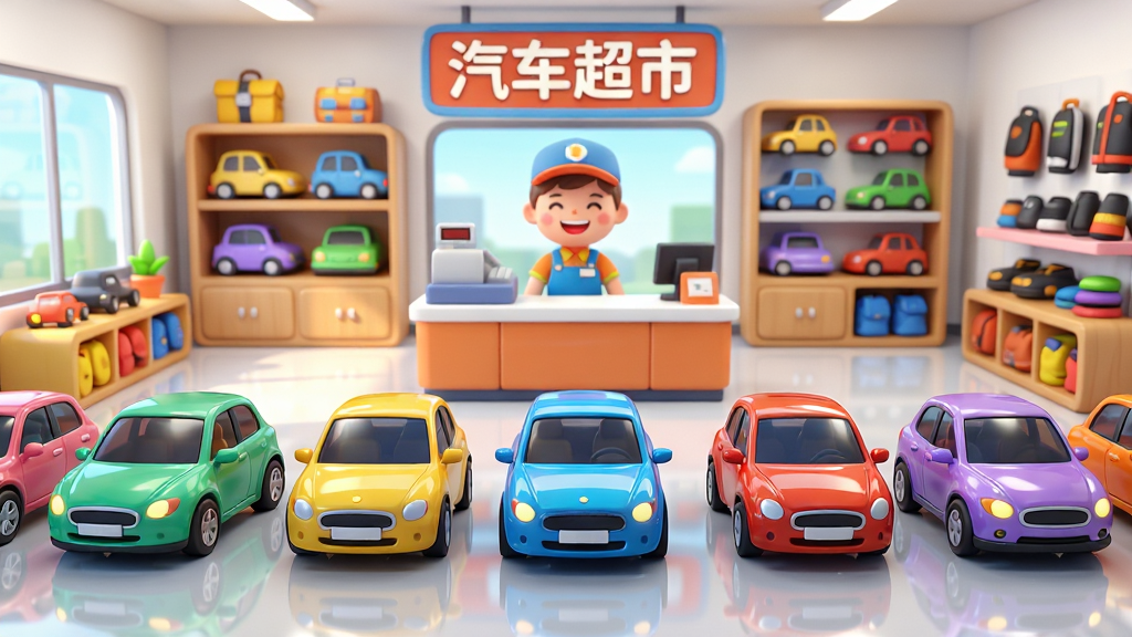 主体:《汽车超市模拟器》游戏主界面展示,一个明亮宽敞的汽车展厅,摆放着多款颜色鲜艳的小汽车模型,卡通风格。布局:前景是一排闪亮的汽车,中景是收银台和笑容满面的店员,背景是货架和汽车配件展示区。排版:整体构图平衡,视觉中心突出,色彩饱和度高。风格:清新卡通,细节丰富,光影柔和。细节:车漆反射高光,地面有倒影,招牌写着“汽车超市”。画质:高清渲染,干净,无多余元素。