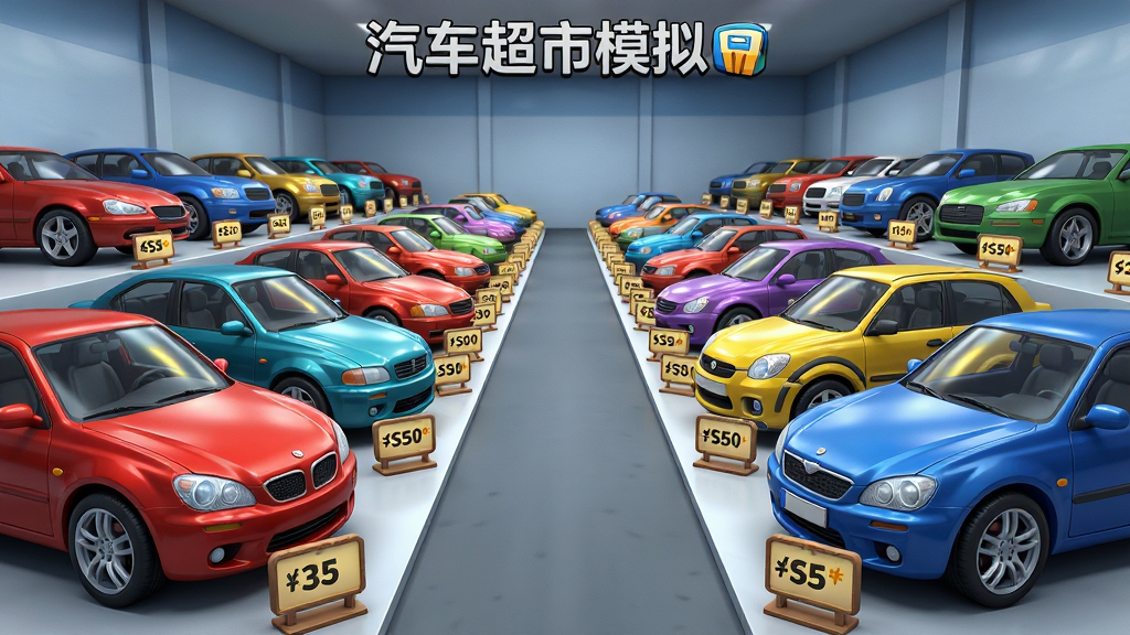 主体:《汽车超市模拟器》游戏内车辆展示墙,多款不同颜色和款式的汽车整齐排列。布局:对称排列,每辆车前有价格标签牌,中间一条走道延伸至远处。排版:网格状布局,透视感强,引导视线。风格:卡通写实,色彩明亮,质感清晰。细节:车灯、轮毂、车窗反光细致,标签牌清晰可读。画质:4K高清,干净,无多余元素。