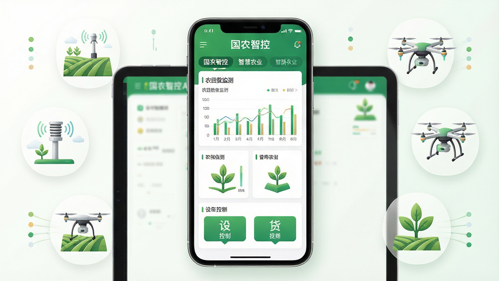 主体:国农智控APP在智能手机和平板上的界面展示,界面中显示农田数据监测图表、设备控制按钮和绿色作物图标。布局:手机居中,屏幕清晰显示软件主界面,周围环绕简约的农田、传感器、无人机等图标。排版:界面布局整齐,图表和数据卡片排列有序,色彩以绿色和白色为主,文字标签显示“国农智控”和“智慧农业”字样。风格:现代科技感与自然农业结合,明亮通透。细节:高精度屏幕显示,界面图标细腻,数据可视化清晰。画质:4K超清,干净,无多余元素。