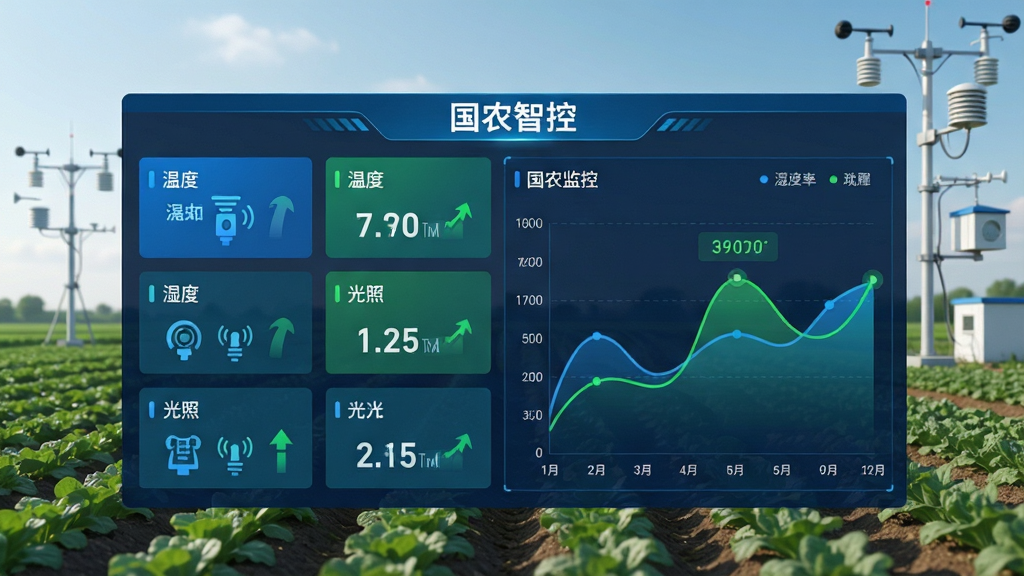 主体:国农智控软件的环境监测界面,展示温度、湿度、光照等数据仪表盘,背景为现代化农田和气象站。布局:界面居中,左侧为数据列表,右侧为动态曲线图,顶部显示“国农智控”字样。排版:信息层级分明,数据卡片整齐排列,曲线图平滑清晰。风格:科技蓝与绿色搭配,简洁专业。细节:传感器图标、实时数据刷新动画。画质:高清渲染,干净,无多余元素。