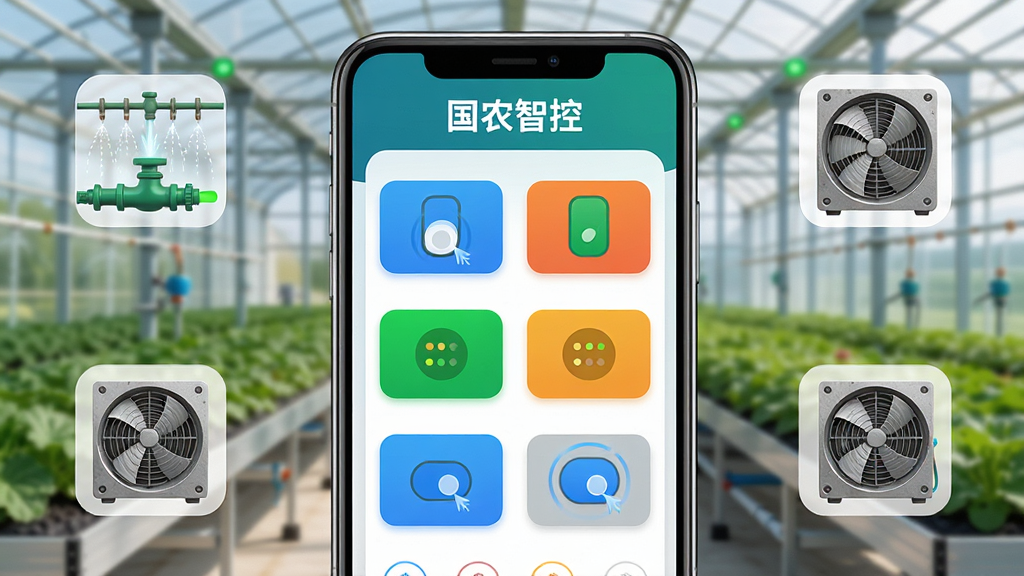 主体:国农智控APP的远程控制界面,显示多个设备开关按钮和状态指示灯,背景为智能温室大棚。布局:手机界面占据画面中央,四周有灌溉、风机等设备图标,顶部有“国农智控”字样。排版:按钮排列整齐,状态清晰,色彩明亮。风格:写实与UI结合,突出科技感。细节:设备图标带有真实质感,按钮有按下动画。画质:8K超清,干净,无多余元素。