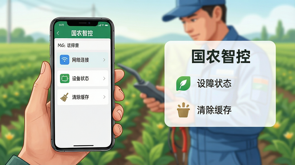 主体:手机显示国农智控APP的故障排查页面,页面有“网络连接”“设备状态”“清除缓存”等选项,背景为技术员在田间使用手机的场景。布局:手机位于画面中央偏左,右侧为文字说明框,顶部有“国农智控”字样。排版:简洁清晰,图标与文字结合。风格:写实与插画结合,色调明快。细节:手机屏幕内容可读,背景虚化。画质:高清,干净,无多余元素。