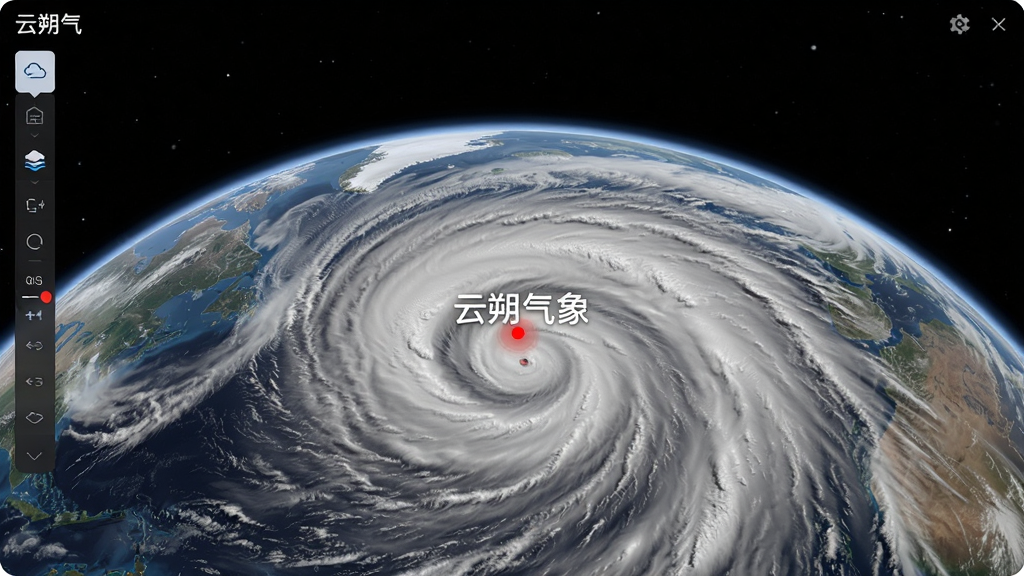 画面主体为“云朔气象”APP的卫星云图浏览模式,屏幕上呈现巨大的地球弧形边缘,白色与灰色相间的云系螺旋状旋转,画面中央有一个标注着“云朔气象”水印的定位红点。布局采用深空黑色背景衬托云图细节,左侧有图层切换工具栏。排版专业,云图质感真实,细节丰富,风格偏向科学可视化。画质高清,色彩还原准确,干净无多余UI干扰。