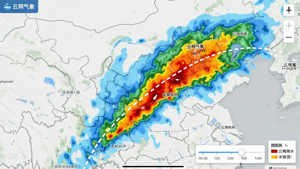 画面主体是“云朔气象”APP内嵌的降水雷达地图界面,地图上覆盖着由浅蓝到深红的动态色块,代表不同强度的降水区域,并附带一条白色的未来移动路径虚线。布局为地图全屏展示,右下角悬浮着时间轴滑动条与图例。排版清晰,地图风格为浅灰色底图,搭配高饱和度的降水色块,视觉对比强烈。细节上,地图边缘有淡淡的城市名称标注,画质锐利,整体风格为数据可视化,干净无杂乱元素。