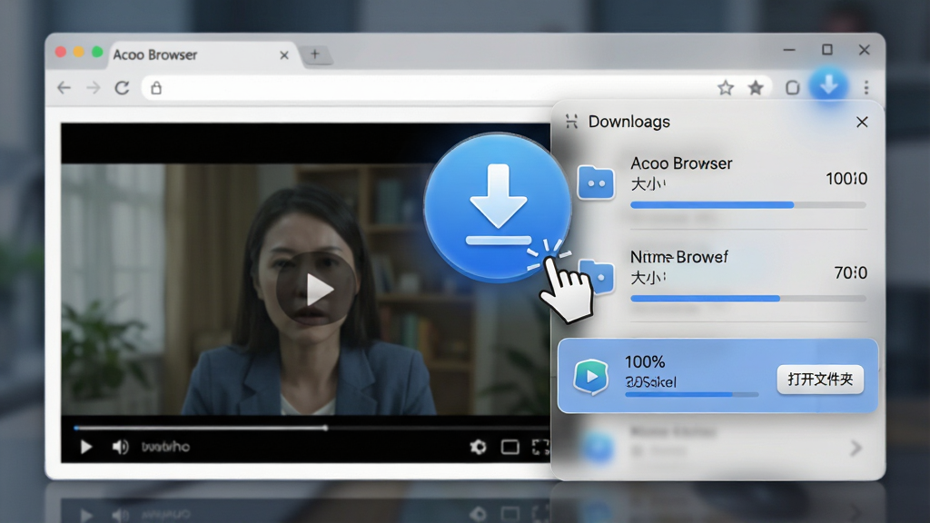 主体:阿库浏览器(Acoo Browser)的智能资源嗅探功能特写,浏览器界面中正在播放一个视频,视频右上角悬浮着一个醒目的蓝色下载箭头图标。布局:左侧为视频播放窗口,右侧展开一个半透明的下载任务列表面板。排版:下载面板中清晰列出文件名称、大小及进度条。风格:拟物化与扁平化结合的现代UI风格,光效柔和。细节:鼠标点击下载箭头,面板中新增一个显示100%完成的任务,旁边有“打开文件夹”的小按钮。画质:高清细腻,界面反射光泽自然,背景虚化,突出前景功能面板,干净无多余元素。