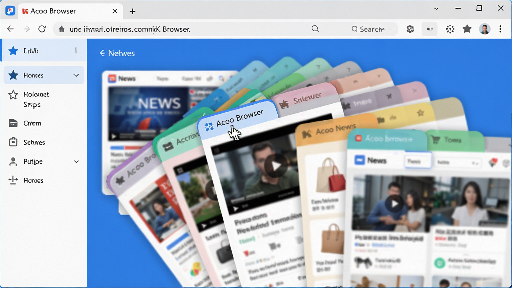 主体:一款界面清爽、功能强大的阿库浏览器(Acoo Browser)软件主界面展示,屏幕上错落有致地排列着多个彩色网页缩略图标签页。布局:浏览器窗口居中,占据画面主体,顶部有地址栏和搜索框,左侧有收藏夹侧边栏。排版:界面元素整齐,图标化操作按钮,标签页呈扇形展开。风格:现代扁平化设计风格,主色调为科技蓝与纯净白,视觉上专业且干净。细节:多标签页上分别显示新闻、视频、购物等不同内容的模糊缩略图,鼠标指针悬停于其中一个标签,高亮显示。画质:8K超高清,细节丰富,光影自然,干净整洁,无多余元素。