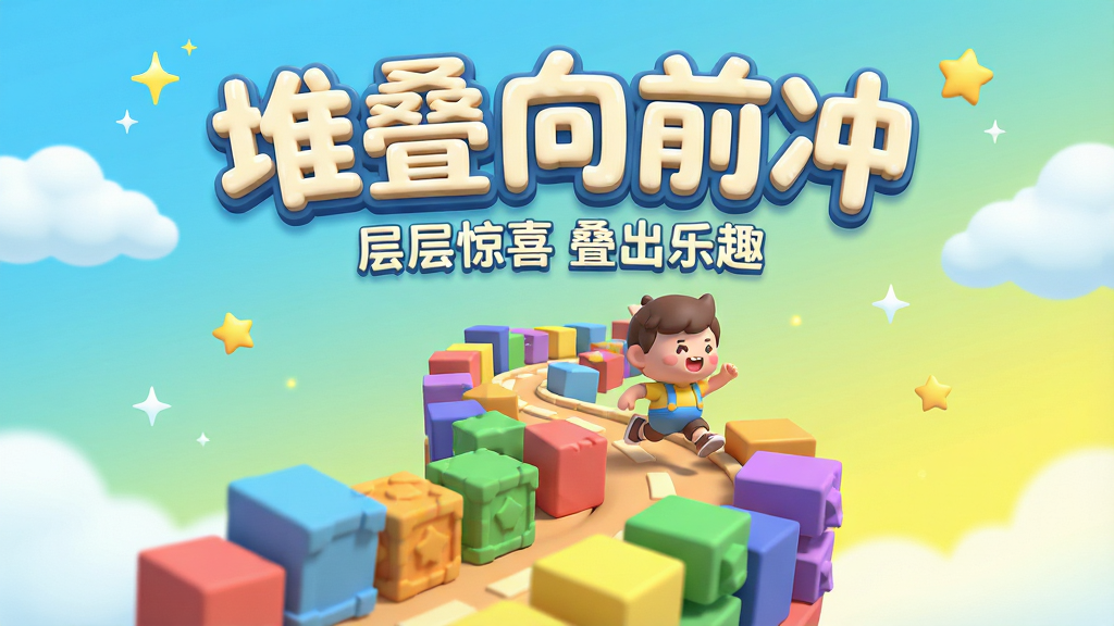 一幅充满活力与趣味的手机游戏宣传主视觉图,画面中央是色彩斑斓、大小不一的3D几何方块正在层层堆叠成一条蜿蜒向前的立体道路,一个小巧可爱的卡通角色正欢快地在方块道路上奔跑跳跃。背景是明亮渐变的天蓝色与柠檬黄,点缀着柔软的云朵和闪烁的星星。布局饱满,主次分明,排版上将游戏名称“堆叠向前冲”以立体、圆润、带有奶油质感的艺术字体置于画面上方醒目位置,并配有“层层惊喜 叠出乐趣”的副标语。整体风格为Q版卡通渲染,细节丰富,光影柔和,画质高清干净,无多余元素。