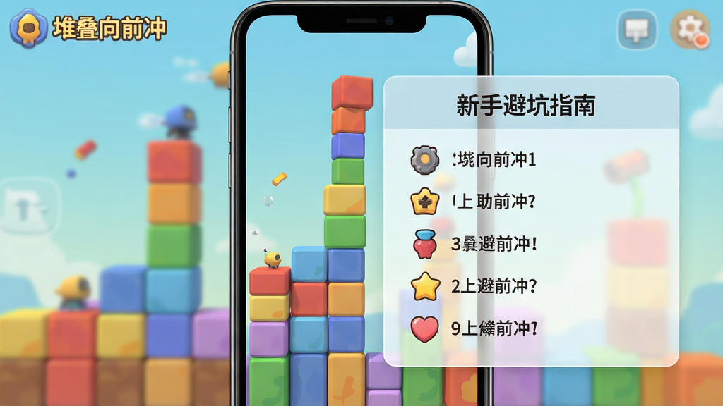 一张智能手机竖屏截图,画面中正在运行《堆叠向前冲》的游戏界面,屏幕上弹出“新手避坑指南”的教程对话框,背景是色彩斑斓的方块堆叠场景。布局干净,主体是游戏画面与半透明的教程弹窗,弹窗内有简洁的图标和文字列表。排版清晰,符合移动端阅读习惯。整体风格为现代扁平化与3D卡通结合,画质清晰锐利,光线柔和,细节丰富,无多余元素。
