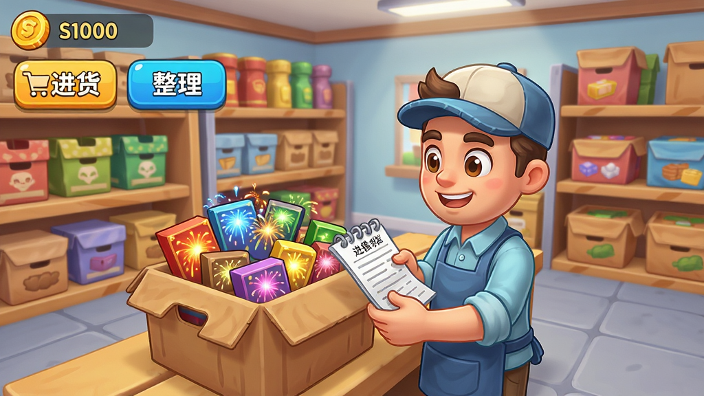 游戏画面展示商店仓库内,店主正拿着进货单清点一箱箱烟花,货架分类摆放整齐,左上角显示金币数量,界面有“进货”和“整理”按钮,卡通风格,明亮整洁,细节丰富,画质高清,无多余元素