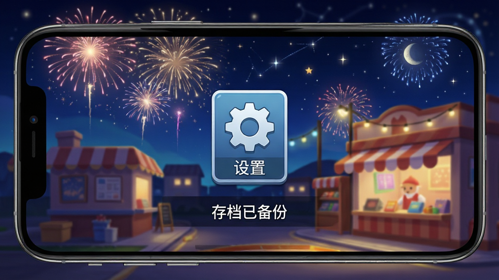 手机屏幕上显示游戏主界面,画面中央有“设置”齿轮图标,下方有“存档已备份”字样,背景是烟花商店外景,夜晚星空,整体风格明亮清晰,画质高清,无多余元素