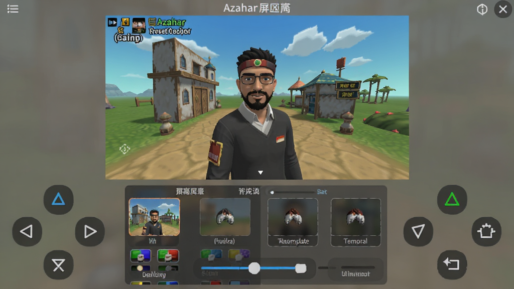 Azahar模拟器自定义屏幕布局界面,上方为游戏画面,下方为可拖拽的虚拟按键与屏幕调节选项,界面简洁直观,提供多种预设模板,背景为纯色,风格扁平化,细节丰富,画质高清。