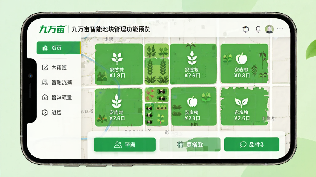九万亩智能地块管理功能预览,展示手机屏幕上地图划分多个绿色地块,每个地块标注作物图标和面积数字,界面有侧边栏菜单,底部功能按钮,整体UI采用卡片式布局,色彩明亮清新,突出“九万亩”品牌标识,画质细腻,无杂乱元素。