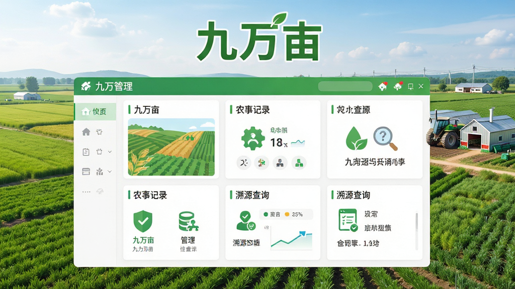 九万亩软件主界面预览图,展示农田地块管理、农事记录、溯源查询等核心功能模块,采用绿色和白色为主色调,界面简洁清晰,图标扁平化设计,背景为现代化农业田园风光,画面通透干净,突出软件名称“九万亩”,整体风格专业且亲和,画质高清,无多余元素。
