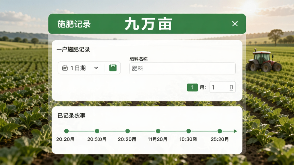 九万亩农事记录功能界面,展示用户正在添加一条施肥记录,包含日期选择器、肥料名称输入框、用量填写栏,页面下方有已记录的农事时间轴,背景为自然农田,界面风格简约,主色为绿色和白色,突出“九万亩”文字,画质清晰,无多余元素。