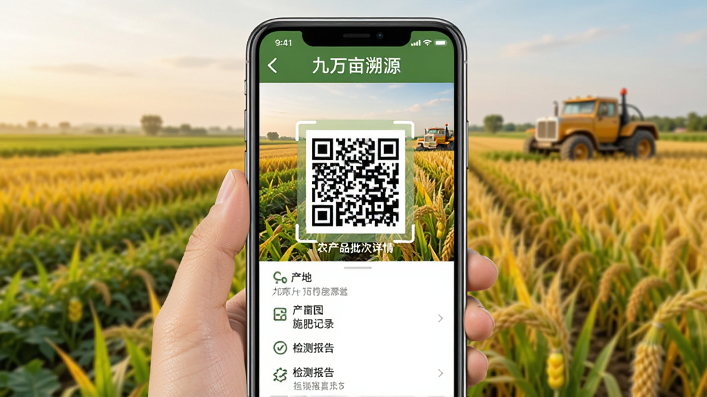 九万亩农产品溯源查询界面,展示手机扫描二维码后显示农产品批次详情页,包含产地、施肥记录、检测报告等条目,页面顶部有“九万亩溯源”标题,背景为丰收的农田,整体设计简洁直观,色彩自然,画质干净,无多余元素。