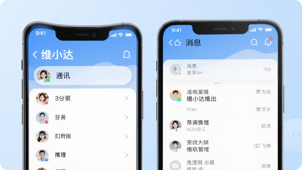 维小达主界面展示,一款现代风格的手机APP,屏幕内显示清晰的通讯录分组和消息管理界面,背景为淡蓝色渐变,整体排版简洁明亮,突出“维小达”品牌名称,风格扁平化,细节丰富,画质高清干净,无多余元素