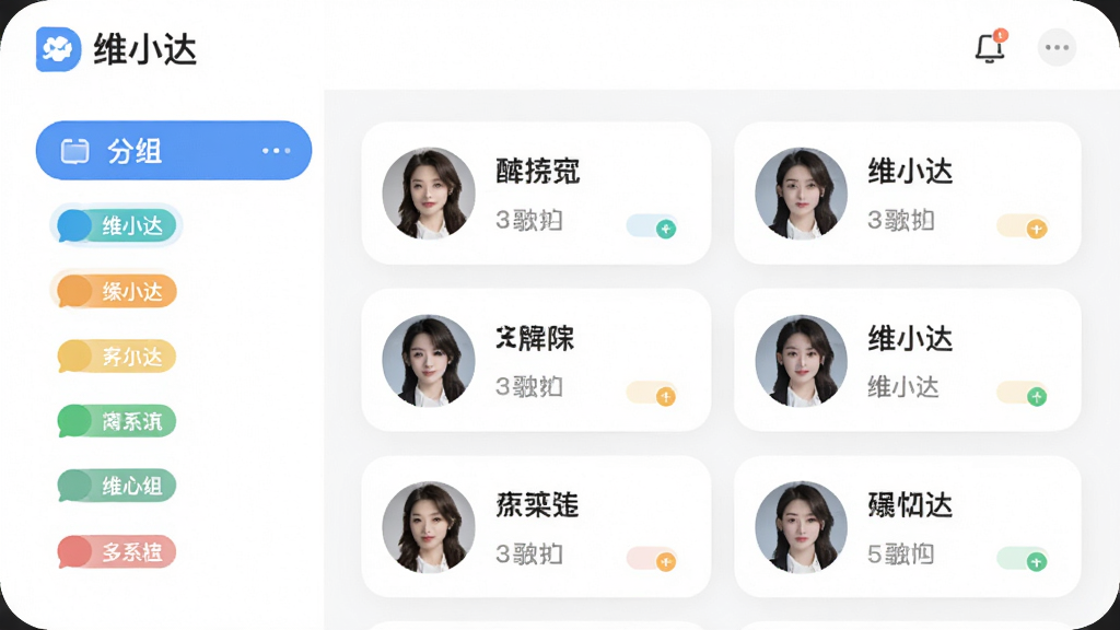 维小达联系人分组管理界面,展示带有彩色标签的联系人列表,左侧栏显示分组名称,右侧为联系人详情卡片,整体界面采用圆角设计,色彩清新,突出“维小达”应用名称,风格简洁,画质高清,无多余元素