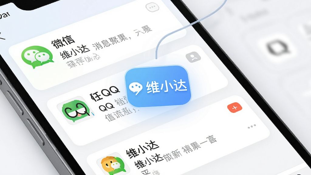 维小达消息聚合功能示意图,手机屏幕中同时展示微信、QQ、短信等多个来源的通知卡片,整齐排列,并有“维小达”悬浮标识,界面清晰直观,现代简约风格,配色柔和,画质高清,干净无多余内容