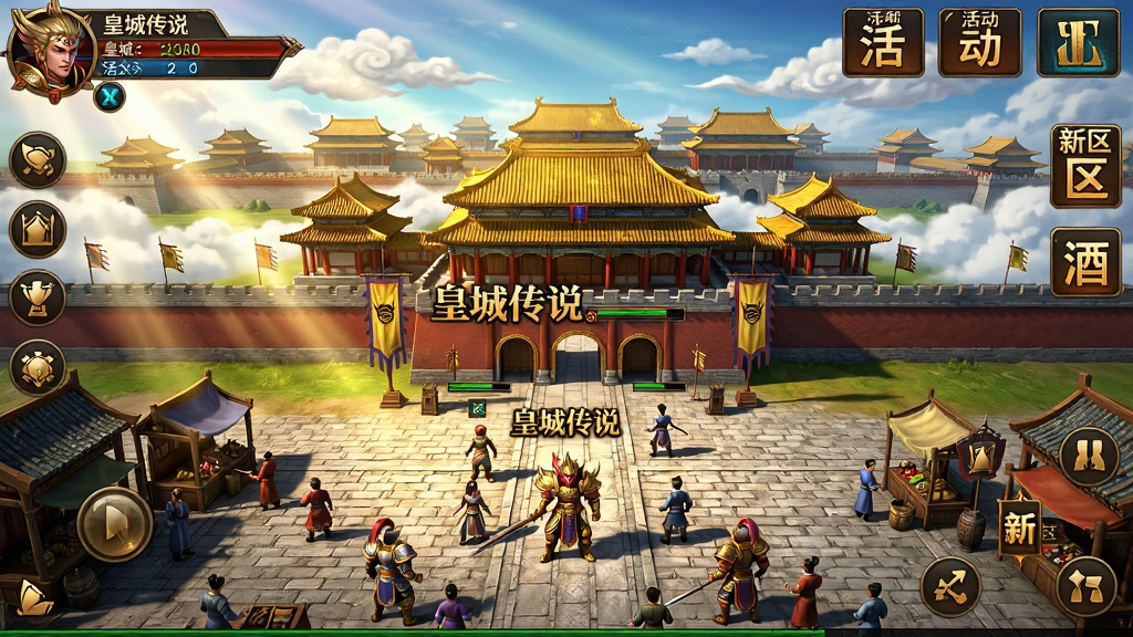 主体:皇城传说游戏主城界面全景,中央是一座金碧辉煌的古代皇宫,城墙上旌旗猎猎,广场上玩家角色身着华丽战甲。布局:采用经典45度俯视视角,UI图标整齐排列于屏幕两侧,顶部显示角色信息与活动入口。排版:画面层次分明,远景是连绵的宫殿群与祥云,近景是热闹的市集与来往玩家。风格:复古传奇写实风格,色彩浓郁饱和,光影对比强烈,带有细腻的光柱特效。细节:角色头顶清晰显示“皇城传说”游戏名称,活动图标上有“新区”字样,地面有精致的石砖纹理。画质:高清细腻,干净无多余元素。