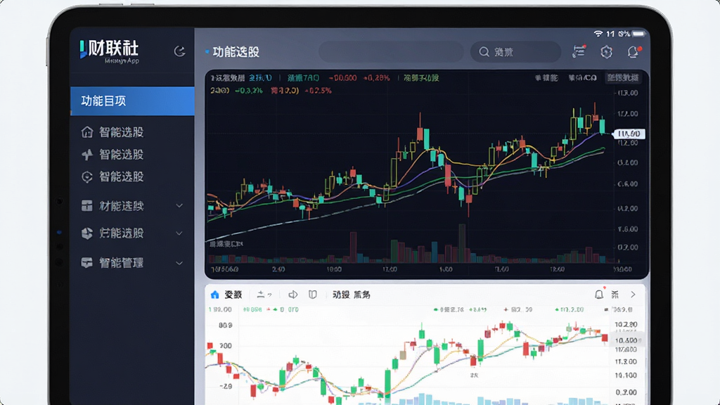 一张展示财联社App内“智能选股”功能界面的截图,主体为平板电脑,布局为左右分栏,左侧是功能导航列表,右侧是彩色K线图与财务数据面板,整体UI设计现代,图表线条锐利,色彩鲜明,风格专业且具有科技感,画质干净,无多余元素
