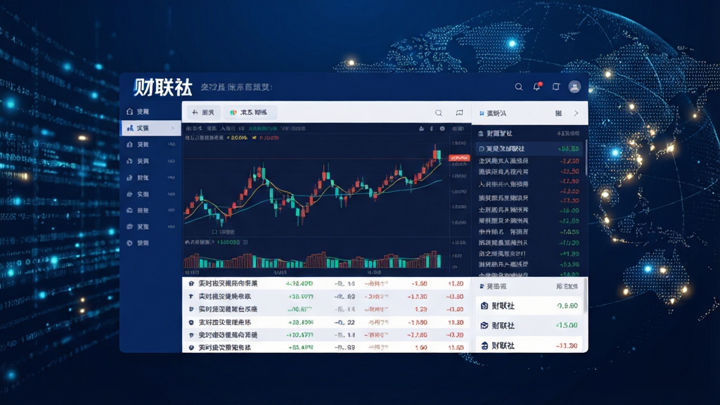 一幅现代科技感十足的财经资讯软件界面预览图,居中构图,界面风格简洁清晰,主色调为深蓝与白色,屏幕上展示着股票K线图、实时滚动资讯列表以及醒目的“财联社”字样logo,背景为抽象的数字流与全球化地图光点,整体风格专业、高效,画质干净无多余元素,突出金融信息服务的实时与权威感