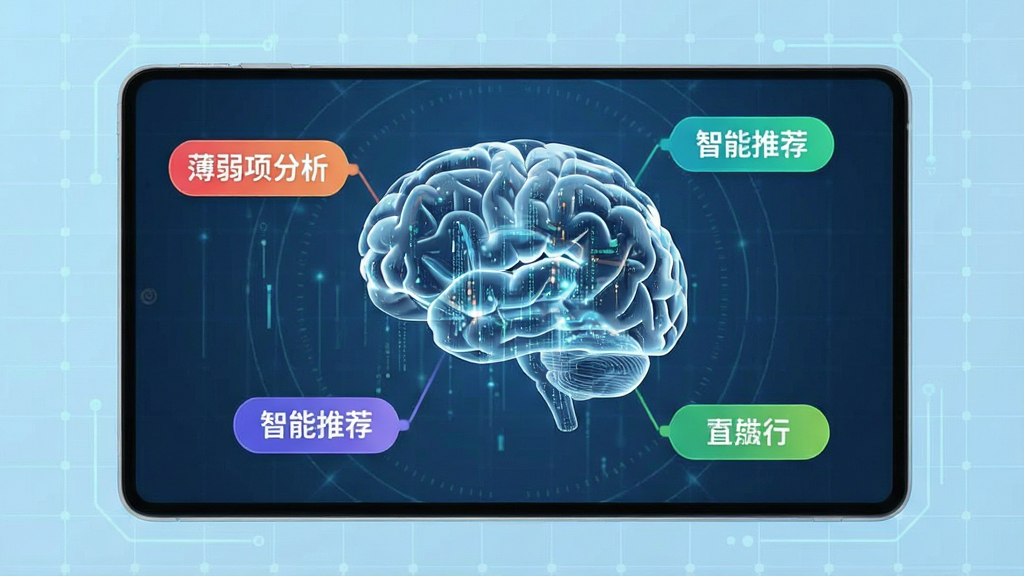 现代科技感的教育应用界面,屏幕中央是一个由数据流组成的儿童大脑半透明模型,周围环绕着“薄弱项分析”、“智能推荐”等彩色标签,背景为淡蓝色科技网格,主体突出,布局清晰,科幻风格与教育插画结合,画质高清无多余元素